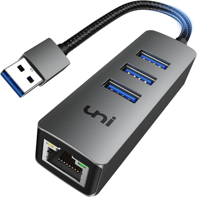 Uni محول USB إلى Ethernet، مركز USB 3.0 مع 100/1000 ميجابت في الثانية RJ45 بدون برنامج تشغيل، محول شبكة USB-A إلى LAN متين 4 في 1 متوافق مع iMac، PC، Chromebook، وأجهزة الكمبيوتر المحمولة الأخرى - Image 1
